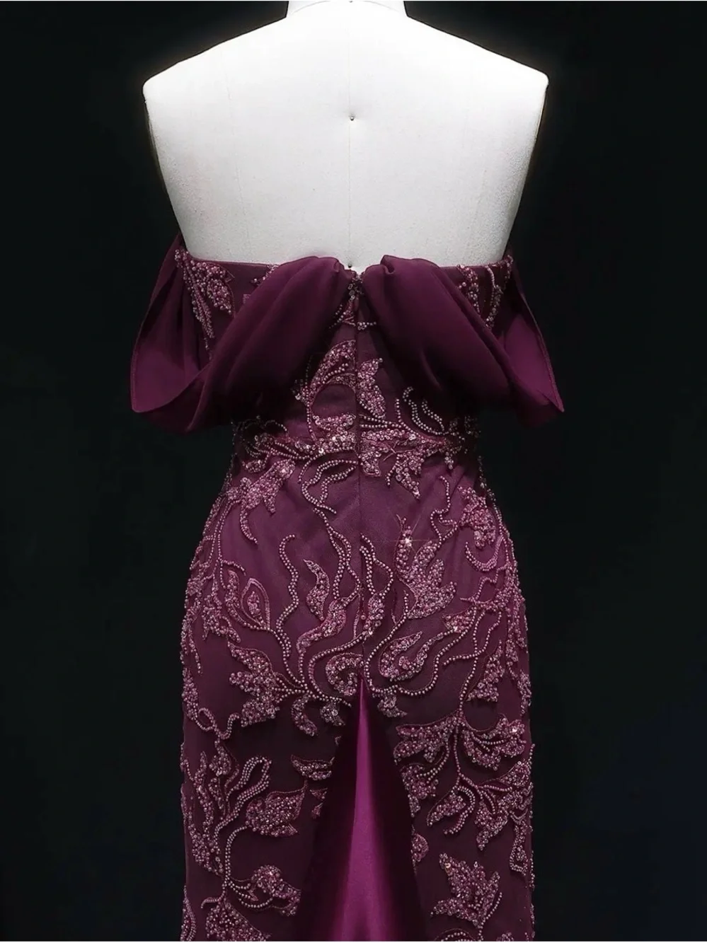 Elegant Off-Shoulder Embroidered Evening Dress - Plum